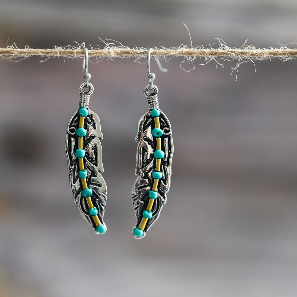 Antique Silver Feather Turquoise Bead Drop Dangle Hook Earrings Bohemia - Picture 7 of 7